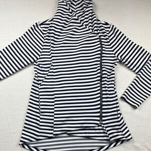 My Beloved Womens Striped Asymmetrical Side Zip Cowl Neck Sweatshirt Blk/White M